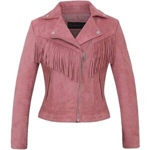 Women's Fall Fashion Faux Suede Leather Moto Biker Jacket Coats Tassel Pink